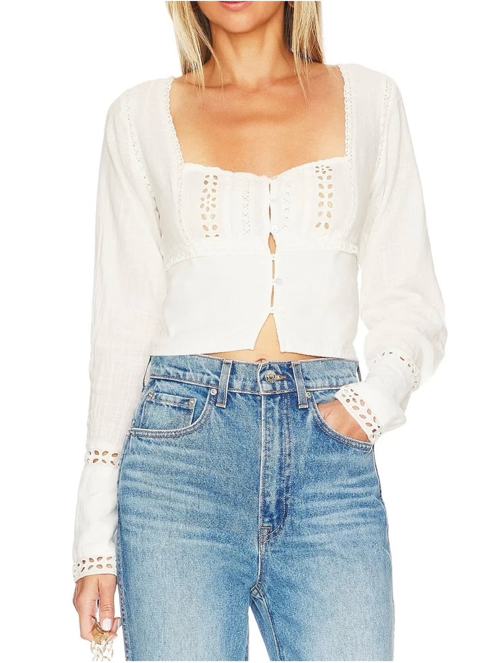Free People Joi Eyelet Crop Peasant Blouse Women’s Large 100% Cotton White Boho